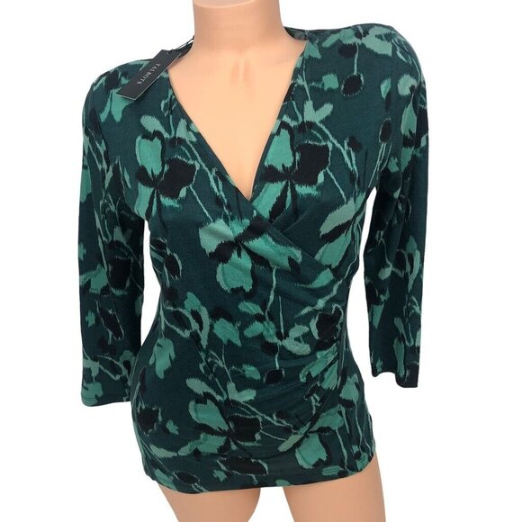 Talbots Sweaters - NWT Talbots Sweater Top Green Floral V Neck Faux Wrap 3/4 Sleeve Size XS